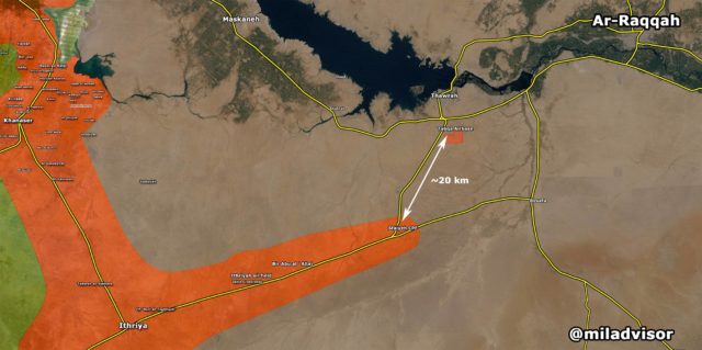 The SAA offensive along the road from Ithiriya to Raqqa has now reached Sfaiyeh crossroad, just 20km soith of the key airbase of Tabqa