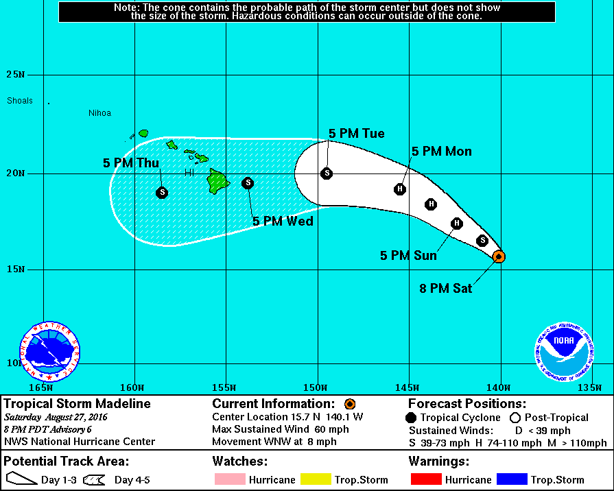[Image of 5-day forecast and coastal areas under a warning or a watch]